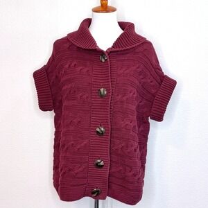 TALBOTS Sweater Vest Short Sleeve Cardigan 2X Dk Red Cotton Cable Knit Versatile